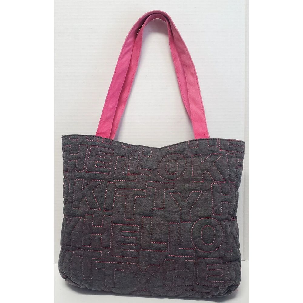 VTG Y2K Hello Kitty Shoulder Bag Grey/ Pink Quilted Raised Embroidery Tote Bag